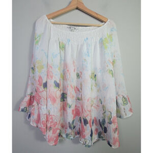 Zac & Rachel Woman 1X Plus Floral Ruffle Sleeve Watercolor Blouse Sheer